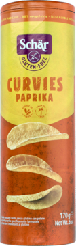 Chipsy ziemniaczane Schar Curvies Paprika, bezglutenowe, w pomarańczowej tubie. Widok z przodu opakowania.
