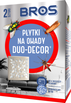 Bros Duo-Decor płytki na owady, srebrne opakowanie z grafiką owadów i dekoracyjnym wzorem, widok z przodu.