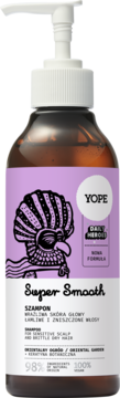 Szampon YOPE Super Smooth do wrażliwej skóry głowy, brązowa butelka z pompką, fioletowa etykieta z ilustracją.