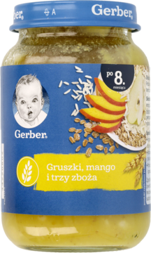 Słoiczek Gerber Gruszki, mango i trzy zboża dla niemowląt po 8. miesiącu, widok z przodu.