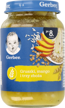 Słoiczek Gerber Gruszki, mango i trzy zboża dla niemowląt po 8. miesiącu, widok z przodu.