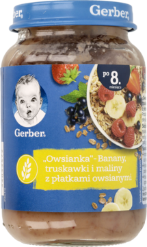 Słoiczek Gerber „Owsianka” dla niemowląt po 8. miesiącu, z bananami, truskawkami, malinami i płatkami owsianymi.