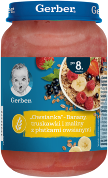 Słoiczek Gerber Owsianka banan, truskawka, malina z płatkami owsianymi dla dzieci po 8. miesiącu, na niebieskiej etykiecie.