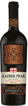 Dark red wine bottle, Kazbek Peak Kindzmarauli, ornate gold label, Georgian flag emblem, front shot.