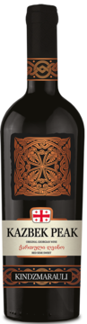 Dark red wine bottle, Kazbek Peak Kindzmarauli, ornate gold label, Georgian flag emblem, front shot.