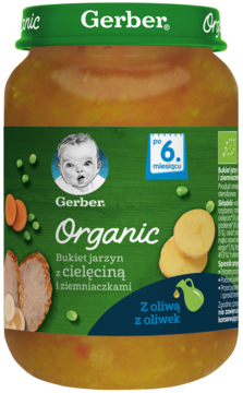 Słoiczek Gerber Organic Bukiet jarzyn z cielęciną i ziemniakami, dla dzieci po 6. miesiącu, z oliwą z oliwek, widok z przodu.