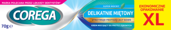 Opakowanie kremu Corega Super Mocny delikatnie miętowy do protez zębowych, 70g XL, biało-niebieskie z żółtym XL.