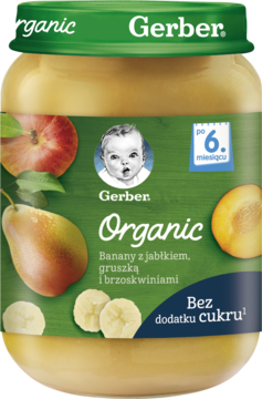 GERBER Organic ,deserek w słoiczku, Banany z jabłkiem, gruszką i brzoskwiniami, po 6.m-cu,przód