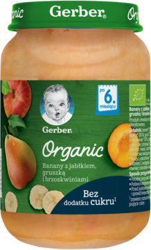 Gerber Organic Banany z jabłkiem, gruszką i brzoskwiniami, słoiczek, przód, dla 6. miesiąca, bez cukru.