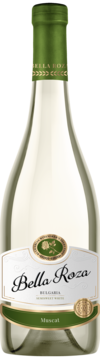 Biała butelka wina Bella Roza Muscat, z zielonym kapturem i etykietą z logo róży oraz napisem Bulgaria, widok z przodu.