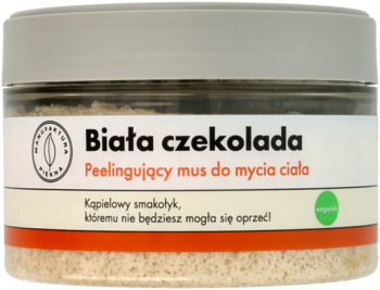 Przejrzysty słoik musu do ciała "Biała czekolada" z brązowymi drobinkami, szare wieczko, widok z przodu.