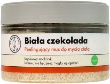 Przejrzysty słoik musu do ciała "Biała czekolada" z brązowymi drobinkami, szare wieczko, widok z przodu.