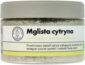Mglista cytryna peelingujący mus do ciała, jasnoszara masa w przezroczystym słoiku z zielono-białą etykietą, widok z przodu.