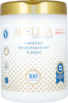 Avellia Aqua Sense, biały pojemnik nawilżanego papieru toaletowego w rolce z złotymi akcentami, widok z góry.