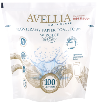 Avellia Aqua Sense nawilżany papier toaletowy w rolce, białe opakowanie z grafiką wody i "100 listków".