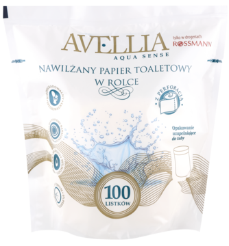 Avellia Aqua Sense nawilżany papier toaletowy w rolce, białe opakowanie z grafiką wody i "100 listków".