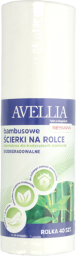 Białe Avellia bambusowe ściereczki na rolce z niebieską etykietą i grafiką bambusa, widok z przodu.