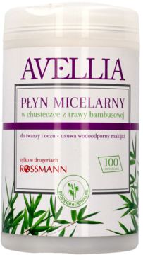 Biały pojemnik Avellia Płyn Micelarny w chusteczkach bambusowych, usuwający wodoodporny makijaż, widok z przodu.