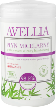 Biały pojemnik Avellia Płyn Micelarny w chusteczkach z bambusa, 100 sztuk, usuwa wodoodporny makijaż.