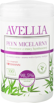 Avellia płyn micelarny w chusteczkach bambusowych, biała tuba z fioletowym paskiem i zielonymi liśćmi, widok z przodu.