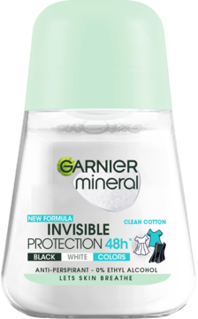 Garnier Mineral Invisible Protection 48h Clean Cotton antyperspirant roll-on, przezroczysta butelka, miętowa nakrętka, widok z przodu.