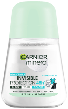 Garnier Mineral Invisible Protection 48h antyperspirant roll-on Clean Cotton, przezroczysta butelka z zieloną nakrętką.