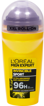 Żółty L'Oréal Men Expert Invincible Sport XXL ROLL-ON z fioletową nakrętką i czarną etykietą, widok z przodu.