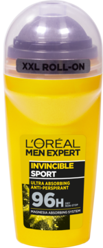 Żółty L'Oréal Men Expert Invincible Sport XXL ROLL-ON z fioletową nakrętką i czarną etykietą, widok z przodu.