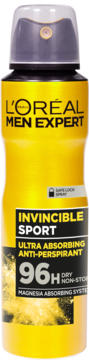 Żółto-czarny antyperspirant L'Oréal Men Expert Invincible Sport 96H Ultra Absorbing, pionowy widok z przodu.