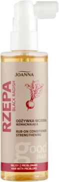 Joanna Wcierka z czarną rzepą, wzmacniająca odżywka do włosów, przezroczysta butelka z pompką, widok z przodu.
