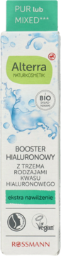 Alterra Hyaluronic Booster, białe opakowanie serum z potrójnym kwasem hialuronowym, zielone logo, widok z przodu.