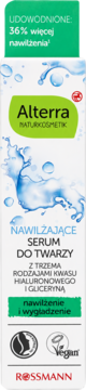 Alterra Nawilżające Serum do Twarzy z kwasem hialuronowym. Białe opakowanie, widok z przodu, 36% więcej nawilżenia.