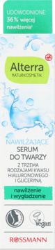 Alterra serum nawilżające do twarzy z kwasem hialuronowym, 36% więcej nawilżenia, białe pudełko, front.
