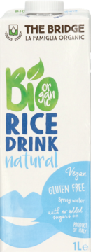 The Bridge Bio Organic Rice Drink Natural, 1L, white carton with green/blue text and 'Vegan Gluten Free'.
