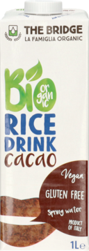 The Bridge Bio Organic Rice Drink Cacao w białym kartonie, wegański i bezglutenowy, widok z przodu, 1L.
