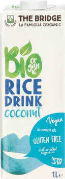 Biały karton The Bridge Bio Organic Rice Drink Coconut 1L, bezglutenowy, z zielono-niebieskim napisem, widok z przodu.