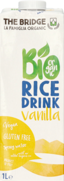 The Bridge Organic Rice Drink Vanilla 1L, wegański napój ryżowy bez glutenu, biały karton z zielono-niebieskimi napisami, widok z przodu.
