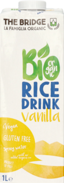 The Bridge Organic Rice Drink Vanilla 1L, wegański napój ryżowy bez glutenu, biały karton z zielono-niebieskimi napisami, widok z przodu.