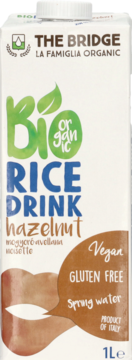 Organic rice drink hazelnut by The Bridge, white carton, front view, with 'Vegan', 'Gluten Free' text.