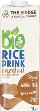 Organic rice drink hazelnut by The Bridge, white carton, front view, with 'Vegan', 'Gluten Free' text.