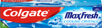 Colgate Max Fresh Cooling Crystals pasta do zębów, niebieskie opakowanie z czerwoną etykietą, widok z przodu.