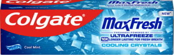 Colgate Max Fresh pasta do zębów Cooling Crystals Ultrafreeze. Niebieskie opakowanie, czerwony napis Colgate, miętowa.