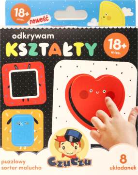 Zestaw puzzli "Odkrywam Kształty" 18+ mies. na czarnym tle: czerwone serce, niebieska owca, widok opakowania.