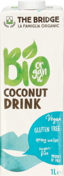 The Bridge Organic Coconut Drink, white carton with green 'Bio' logo, vegan, gluten-free, sugar-free, 1L, front view.