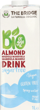 Biały kartonowy napój migdałowy The Bridge Bio Organic sugar free, z zielonym napisem, widok z przodu.