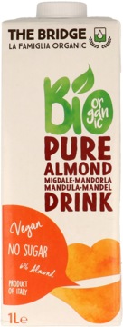 White The Bridge Bio Organic Pure Almond Drink carton, front view, with green and red text, vegan, no sugar.