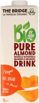 White The Bridge Bio Organic Pure Almond Drink carton, front view, with green and red text, vegan, no sugar.