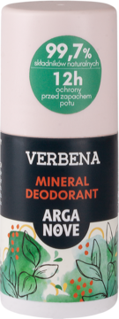 Biały sztyft Verbena Mineral Deodorant Arga Nove, z czarną etykietą, 99,7% naturalnych składników, widok z przodu.