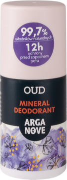 Dezodorant mineralny OUD Arga Nove w białej butelce z czarną etykietą, widok z przodu, z napisem 99,7% naturalnych składników.