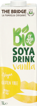 Biały karton THE BRIDGE BIO SOYA DRINK Vanilla 1L, organiczny, wegański, bezglutenowy, widok z przodu.